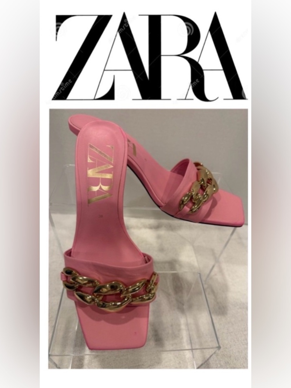 🩷 ZARA Pink Chain Slide Heeled Sandals – Size 38 (US 7.5–8)